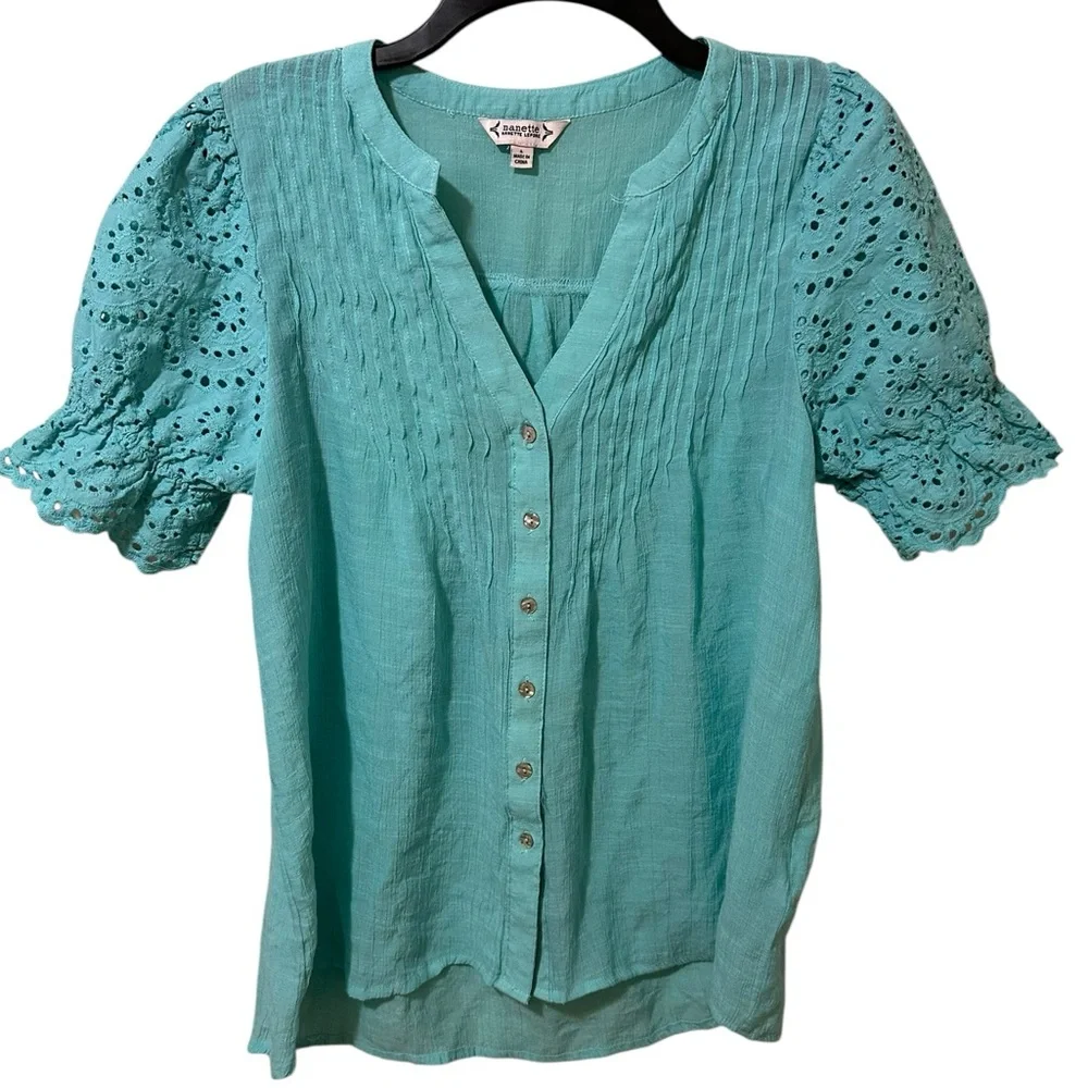 NANETTE LEPORE aqua button front loose fit eyelet puffy short sleeve top sz L - Picture 2 of 6